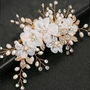Wedding Hair Clip White Gold Floral Lace Faux Pearl Rhinestone Wedding Hair Clip